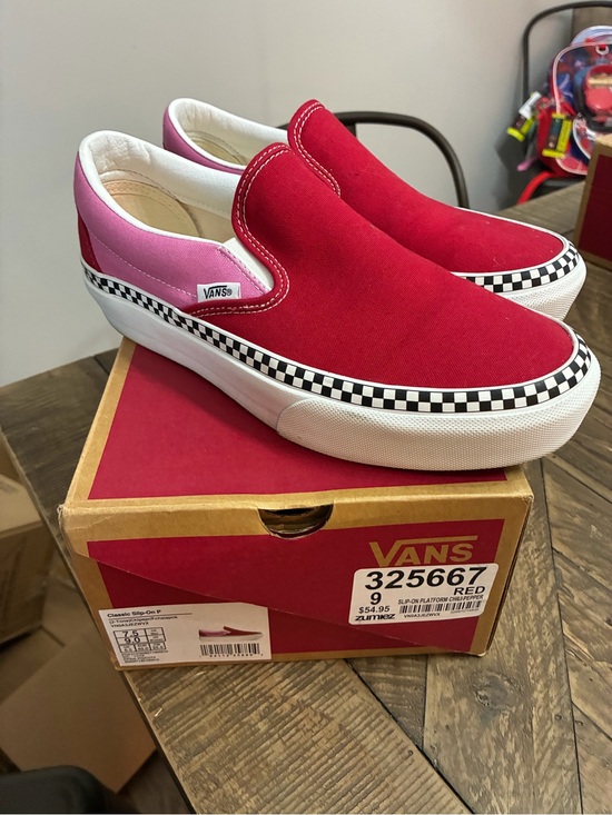 Vans Shoes - Vans Canvas Slip-On Sneakers - Red & Pink with Checkerboard Trim